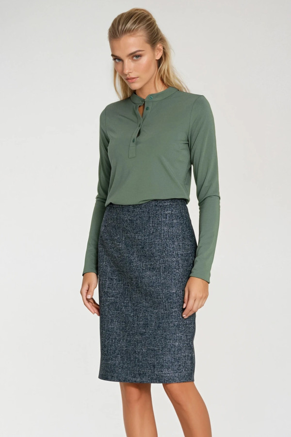 Ołówkowa spódnica midi z dekoracyjnym zamkiem - granatowa