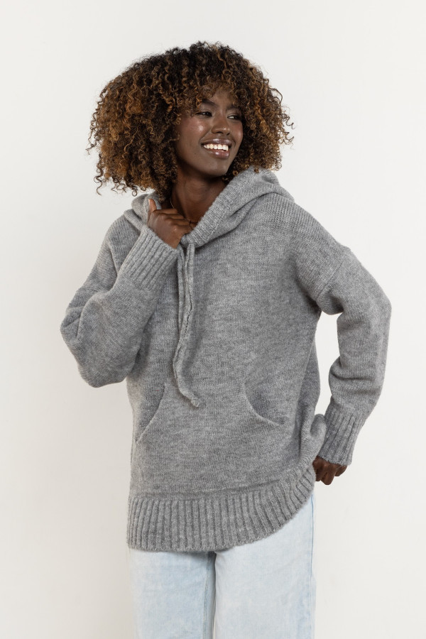 Sweter z kapturem i kieszenią typu kangurek - szary