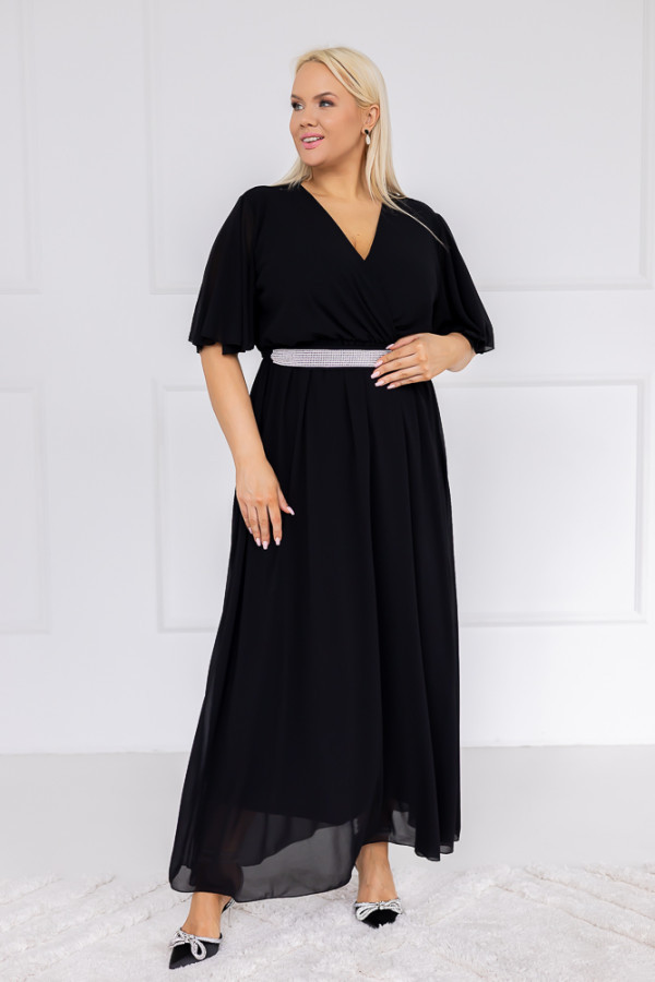 Czarna sukienka szyfonowa z paskiem egeli