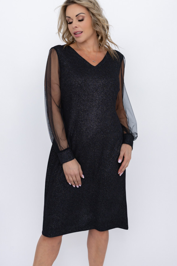 Czarna sukienka błyszcząca z prześwitującymi rękawami fenti