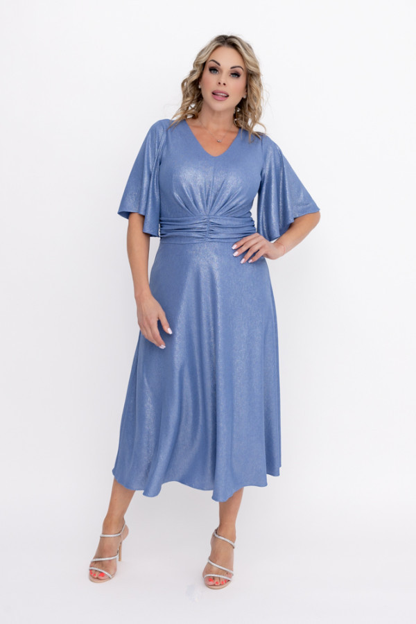 Niebieska sukienka błyszcząca z marszczeniem ricoto