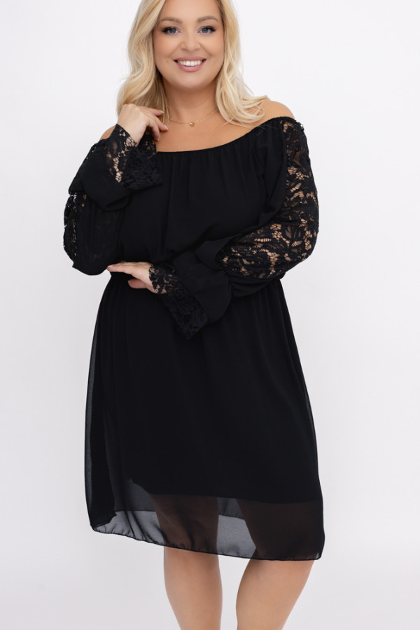 Czarna sukienka szyfonowa z koronkowymi rękawami leminero