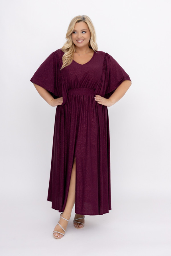 Burgundowa sukienka brokatowa z marszczeniem silvino