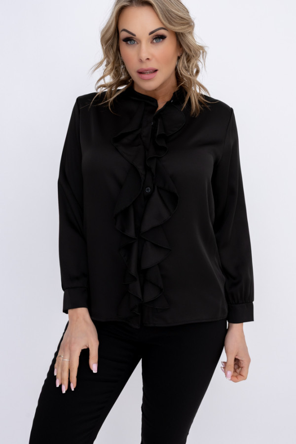 Czarna koszula satynowa z żabotem kizuri