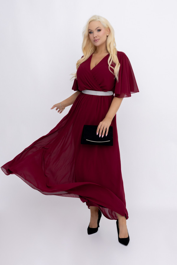 Bordowa sukienka szyfonowa z paskiem egeli