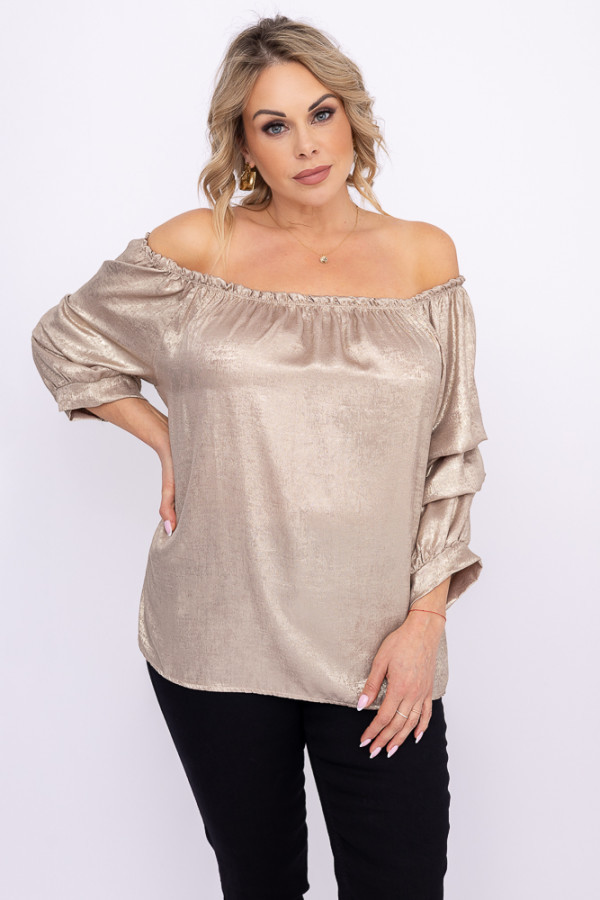 Jasnobeżowa błyszcząca bluzka z marszczonymi rękawami perino