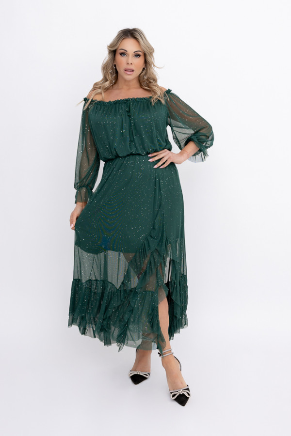 Butelkowozielona błyszcząca sukienka siateczkowa ragia wzór 1