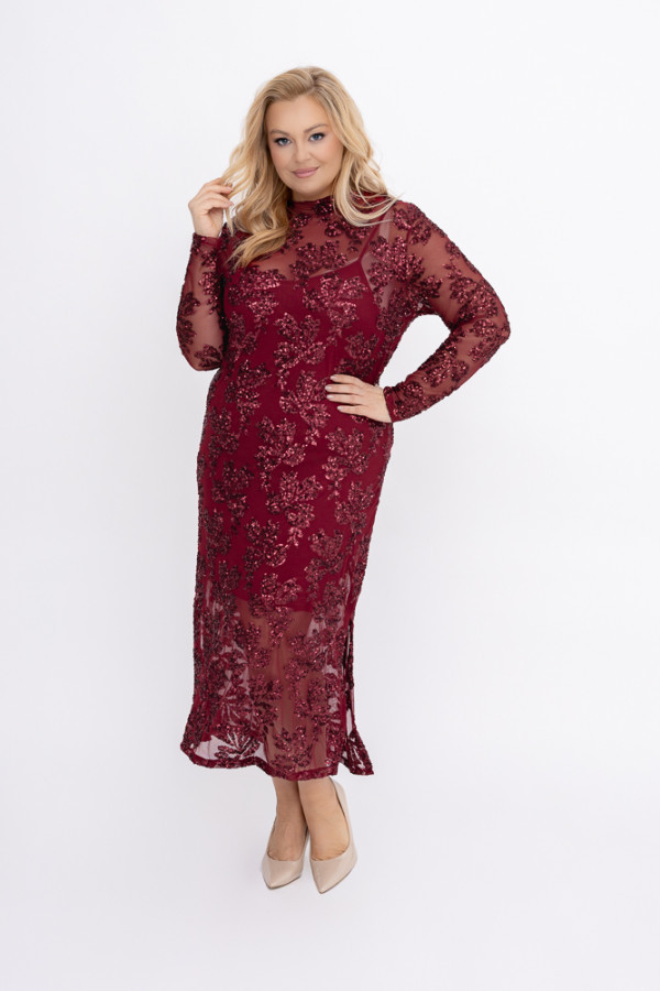 Bordowa sukienka siateczkowa z cekinami solien