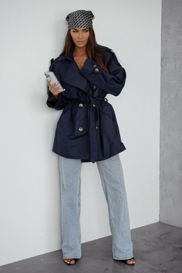 Trencz płaszcz dwurzędowy havana granatowy