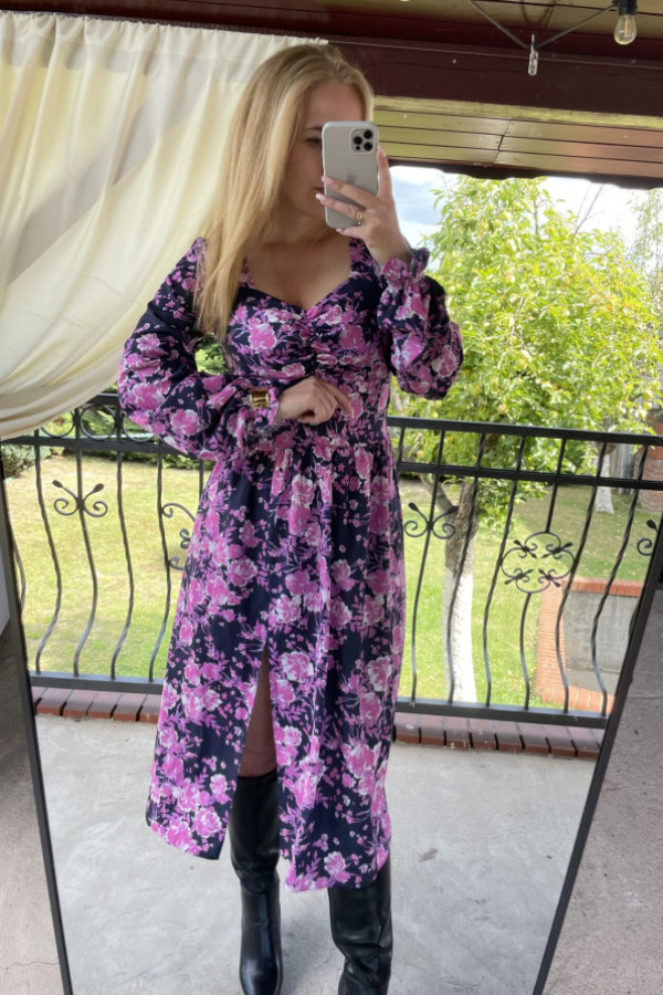 Sukienka salma midi w print kwiaty grantowo-różowa