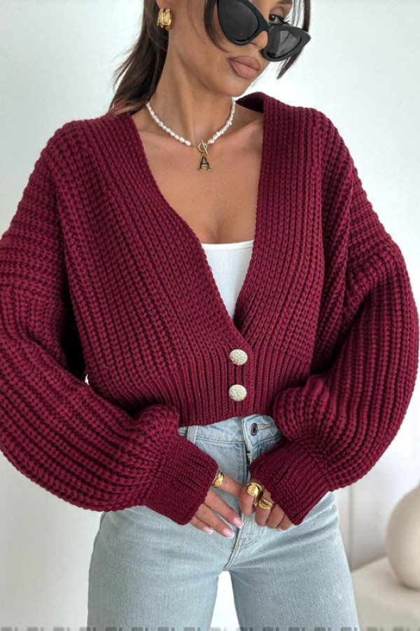 Sweter krótki damski ovesize guzik bordowy bocca