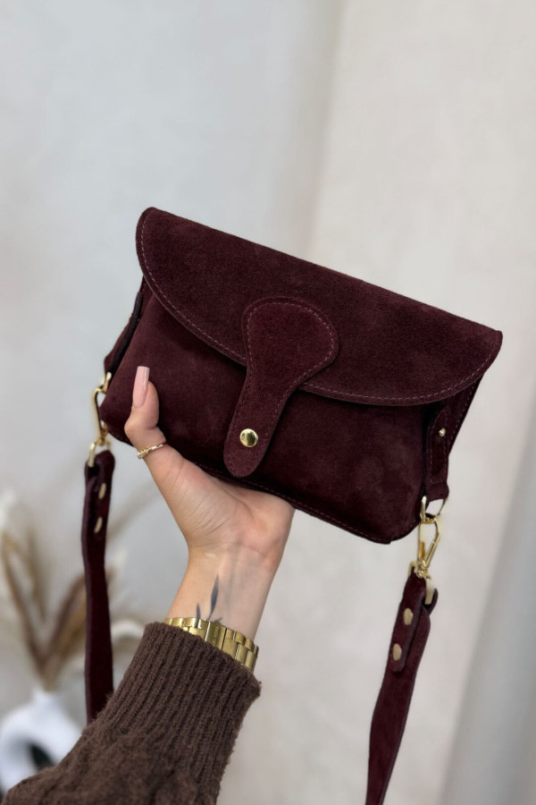 Torebka mała listonoszka zamszowa bordowa z klapką