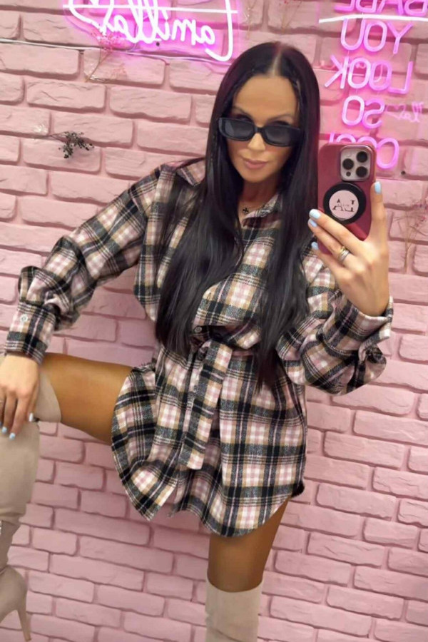 Koszulowa sukienka flanela w kratę róż/beż/grafit lamilla