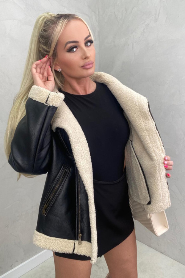 Kurtka ramoneska czarna z futrem beżowym avira