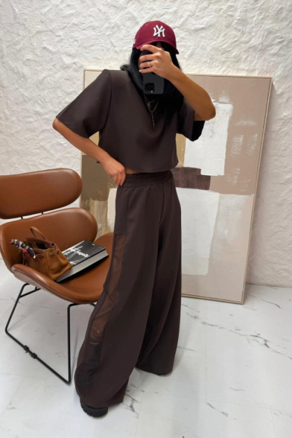 Spodenie z prostą nogawką z lampasem z siatki lamilla czekoladowe uni