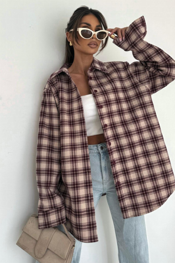 Koszula ovesize ocieplana axel kratka bordowo-beżowa uni bocca