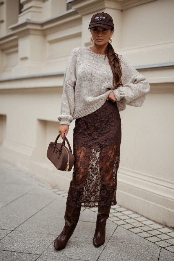 Spódnica maxi koronkowa me gusta brązowa uni