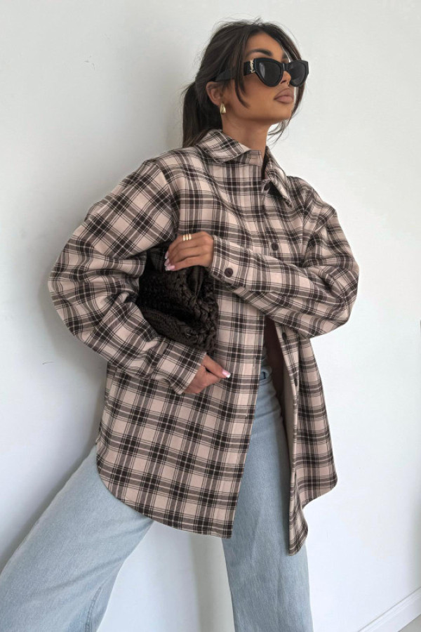 Koszula ovesize ocieplana axel kratka beżowo-czekoladowy uni bocca