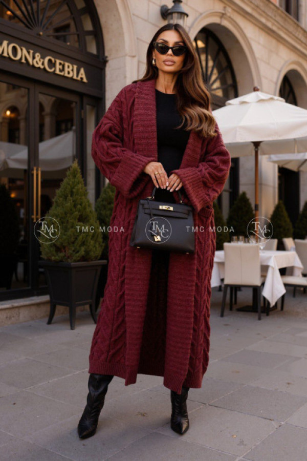 Kardigan sweter długi warkocz z kieszeniami monni bordowy tmc