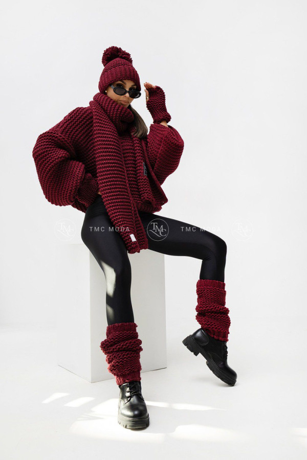 Komplet zimowy czapka+szal +rękawiczki + ocieplacze cora bordowy tmc