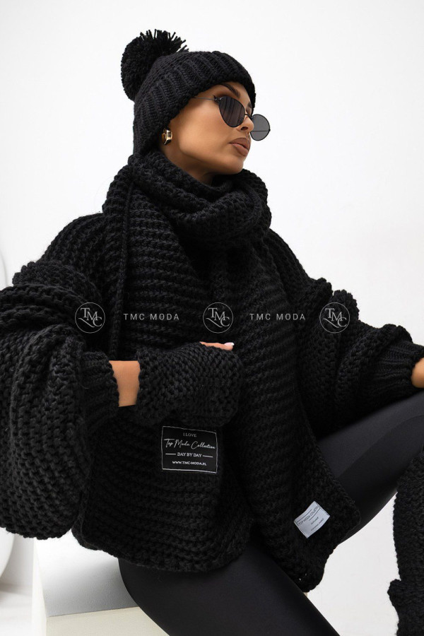 Komplet zimowy czapka+szal +rękawiczki + ocieplacze cora czarny tmc