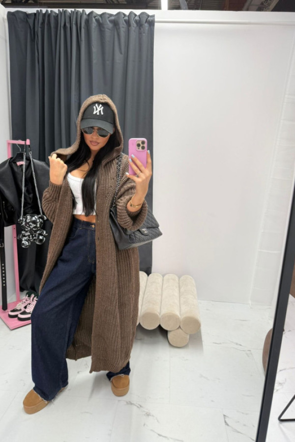 Kardigan sweter długi z kapturem la milla czekoladowy