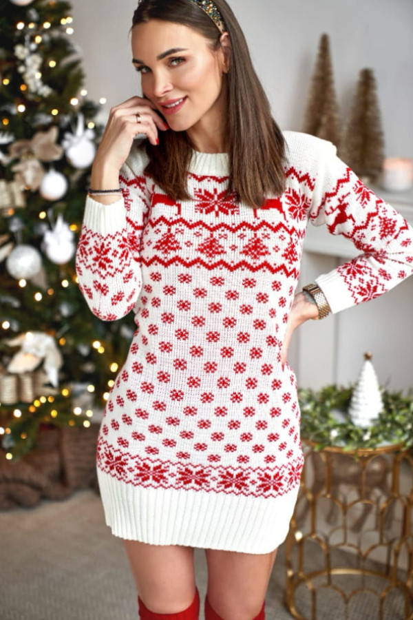 Sukienka świąteczna sweter we wzory it's snowing biała
