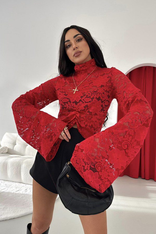 Bluzka golf koronkowa marszczona la milla czerwona