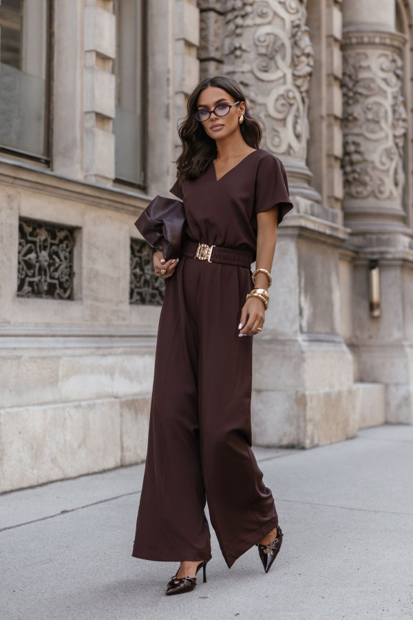 Kombinezon damski hanna z szerokimi nogawkami złoty pasek czekoladowy