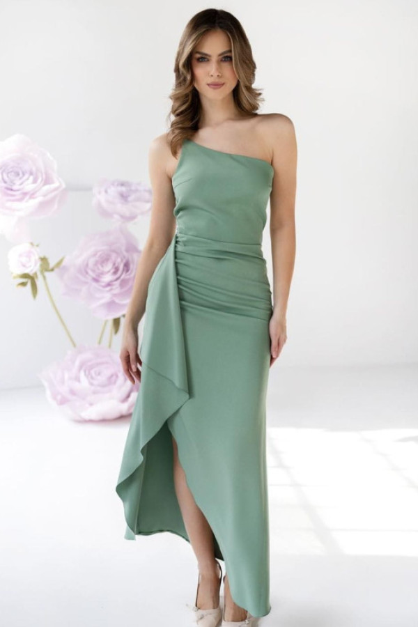 Love pistacjowa długa sukienka na jedno ramię na wesele