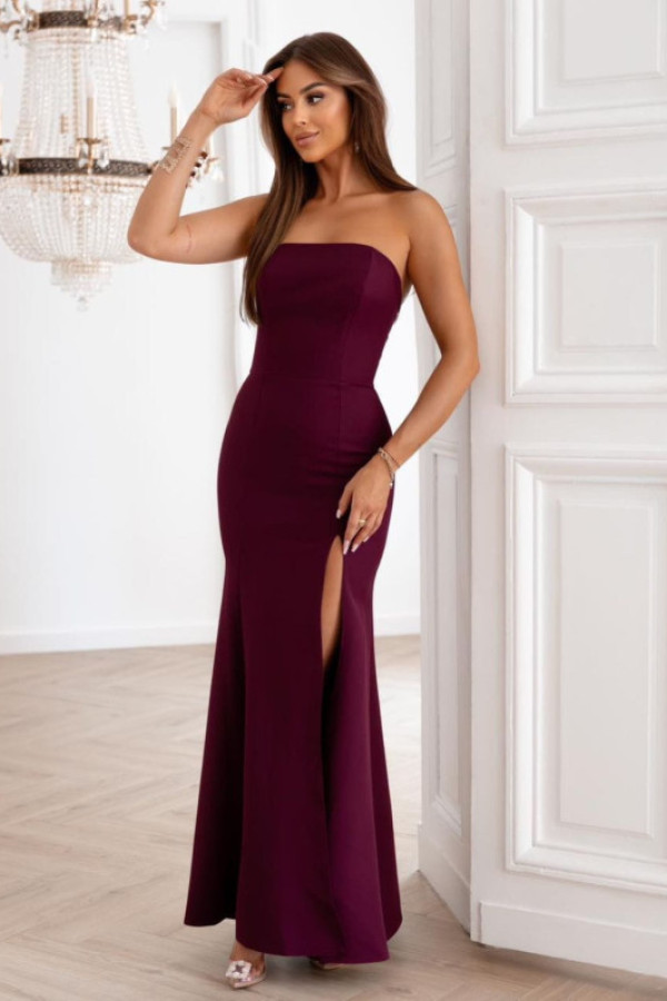 Chantel gorsetowa burgundowa maxi sukienka o kroju rybki z rozcięciem
