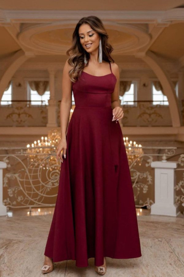 Lili bordowa długa sukienka z wiązaniem na plecach