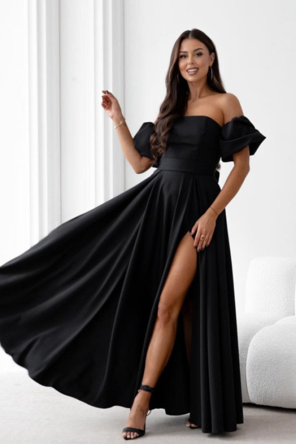 Kiara czarna gorsetowa długa sukienka z szalem na studniówkę