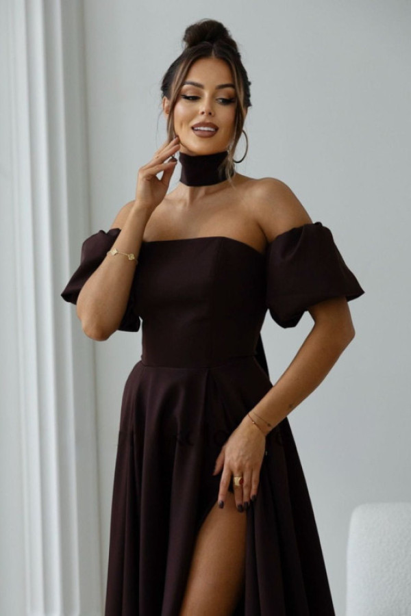 Kiara brązowa długa sukienka z wiązaniem na plecach