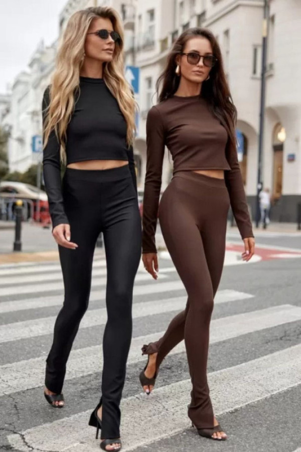 Rina brązowe legginsy z rozcięciem na nogawce polska produkcja