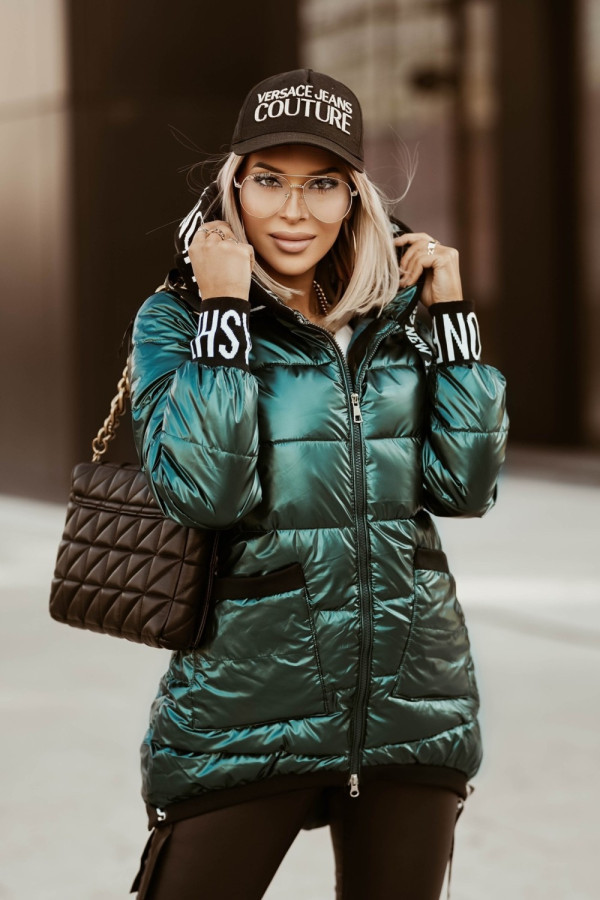 Kurtka zimowa pikowana z kapturem new york fashion zieleń butelkowa