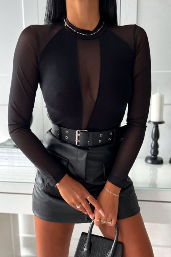 Bluzka z wiskozy z wstawkami z siateczki czarna