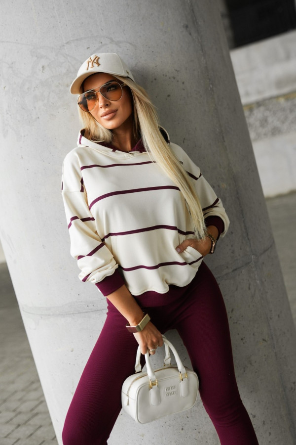 Bluza bawełniana z kapturem w paski beżowo-burgundowe