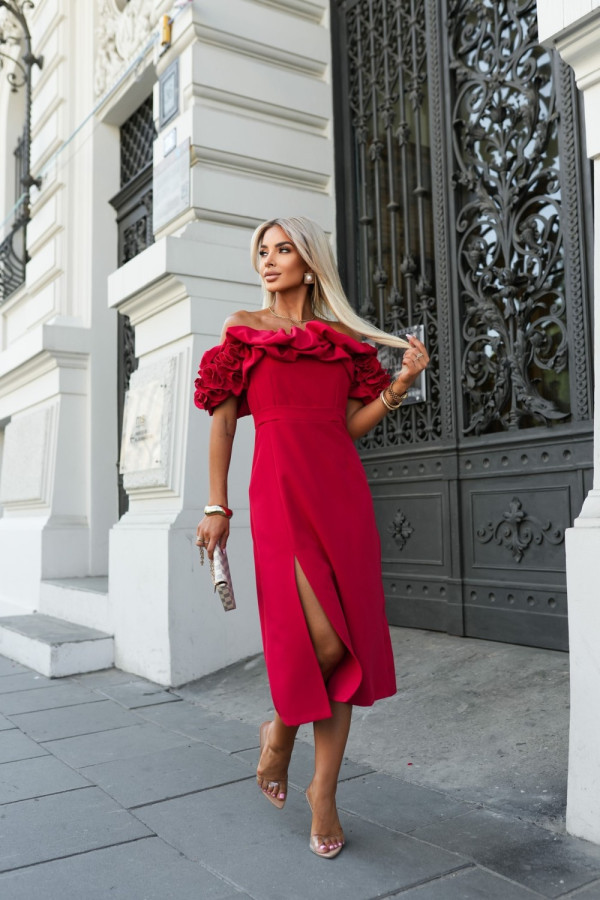 Sukienka midi alice hiszpanka z falbaną na dekolcie czerwona