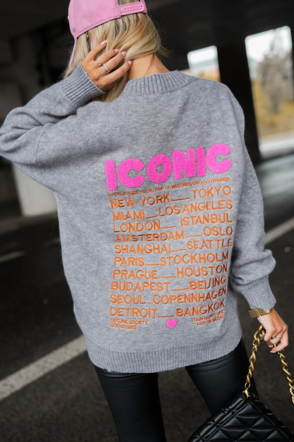 Kardigan rozpinany z barankowym napisem iconic szary