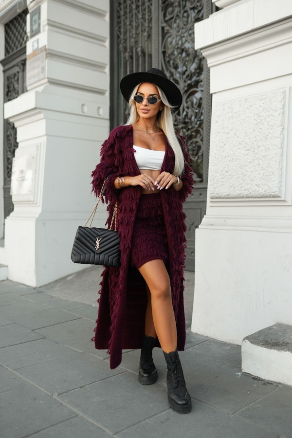 Kardigan maxi naomi z frędzlami burgundowy