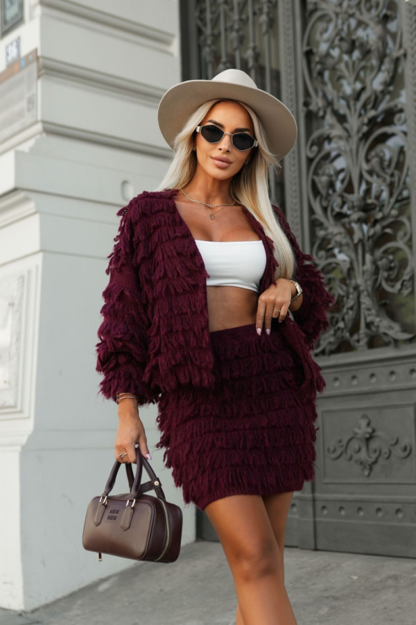 Kardigan tiny z frędzlami burgundowy