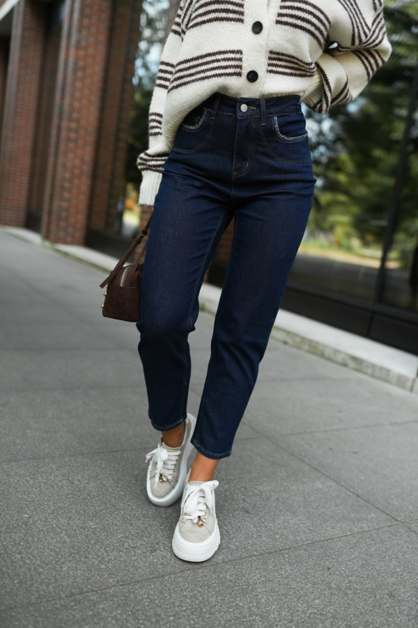 Spodnie jeansowe z wysokim stanem z prostą nogawką granatowy jeans