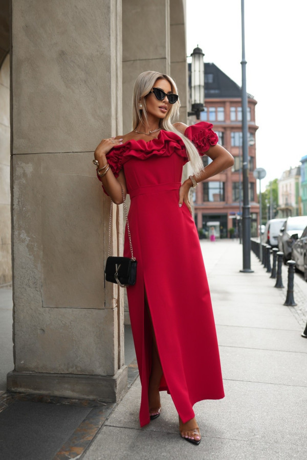 Sukienka maxi hiszpanka z ozdobną falbaną na dekolcie czerwona