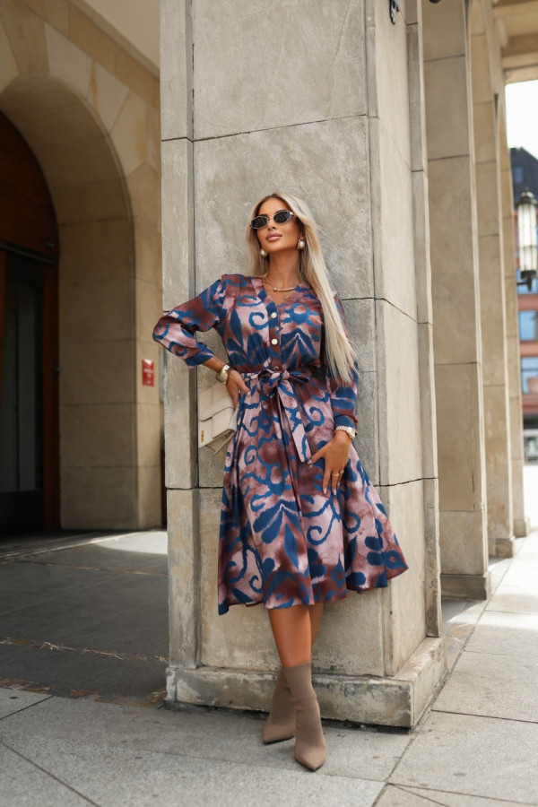 Sukienka frappe z rękawem wzory brązowo-turkusowa