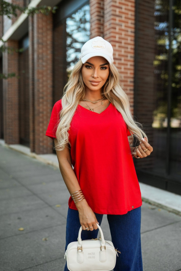 T-shirt bawełniany isabell z dekoltem z przodu i z tyłu czerwony