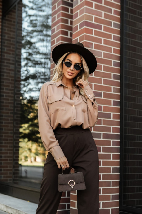 Koszula klasyczna z kołnierzykiem ze złotymi wstawkami beżowa