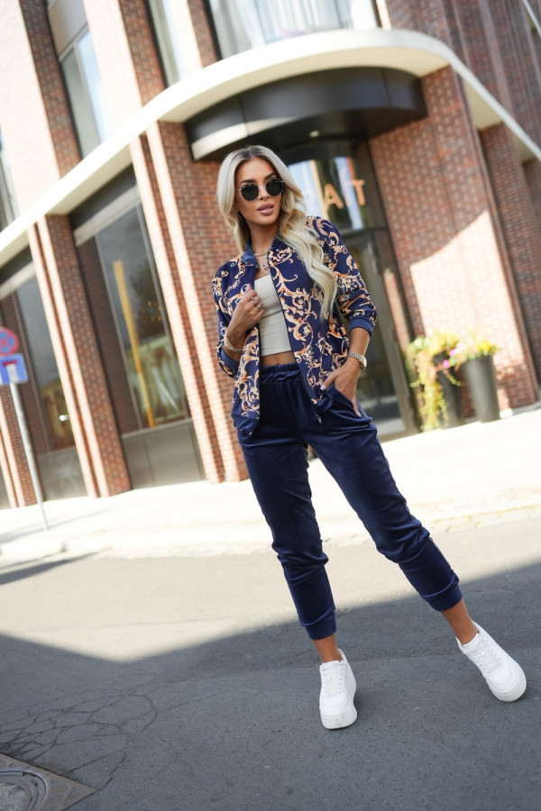 Komplet dresowy welurowy bluza bomberka + spodnie granatowy