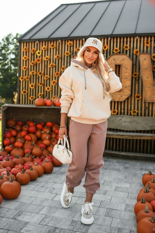 Komplet dresowy ocieplany patrizia bluza z kapturem + spodnie beżowo-brązowy