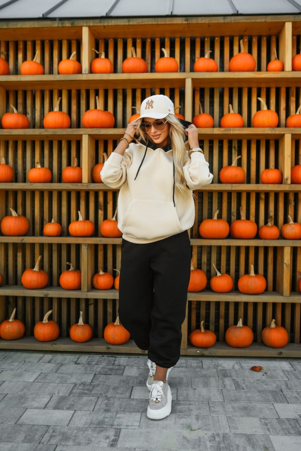 Komplet dresowy ocieplany patrizia bluza z kapturem + spodnie kokosowo-czarny